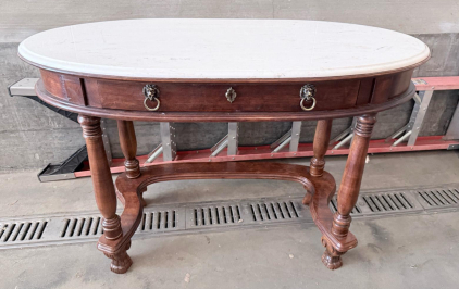 Antique Oval Marble Top Console Table, Solid Wood Base, Ornate Brass Hardware, 48"x22"x30"
