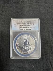2012 Canada Wildlife Cougar $5 Silver Coin 1oz MS70 ANACS Certified, Limited Edition 187