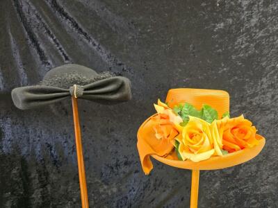 Vintage Floral Straw Wide Brim Hat & Velvet Veiled Bow Hat, Mid-Century Women&rsquo;s Millinery Pair