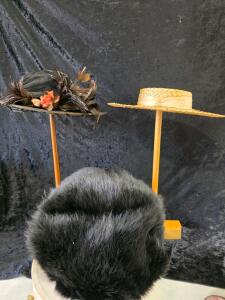 Vintage Edwardian Feathered Hat, Straw Boater & Black Fur Muff, Early-Mid 20th Century