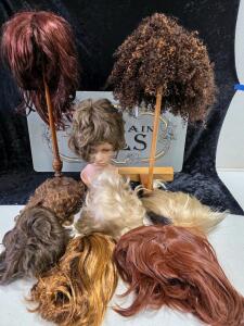 Lot of 8 Porcelain Doll Wigs &ndash; Various Colors, Textures & Lengths, Includes Stands & Mannequin Head