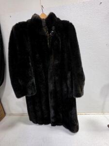 Unverified Brown/Black Mink Fur Full-Length Coat, High Collar, Size M Estimate, Concealed Hook Closure