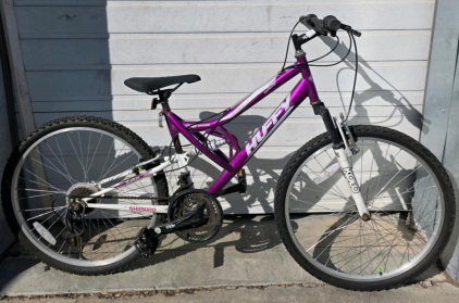 Huffy Trail Runner Mountain Bike, 26" Wheels, Dual Suspension, Shimano 18-Speed, Purple/White