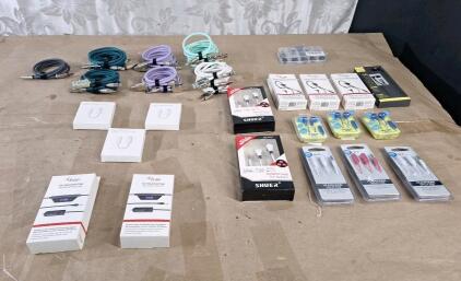 (2) Fm Transmitters, (3) USB C To Headphone Jack Adapters, (16) Assorted USB A To C Cables & (9) Assorted Pairs Of Wired Earphones