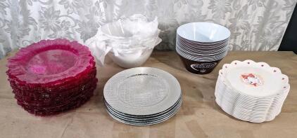 (33) Assorted Colored 13" Plastic Plates, (27) 10" Bamboo Melamine Plates, (19) 10" Snickers Plastic Snack Bowls & (21) 10" Clear Plastic Bowls