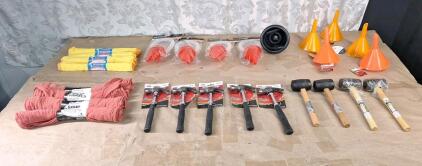 (5) 8-Oz Claw Hammers, (4) Small Rubber Mallets, (5) 4-Piece Funnel Sets, (5) Funnels W/ Tube, (4) 3-Packs Of 14" x 16" Flannel Polishing Cloths & (4) 3-Packs Of 13" x 14" Red Shop Towles