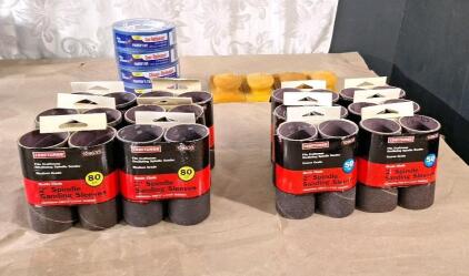 (6) 2-Packs Of Craftsman 50-Grit 2" x 4-1/2" Spindle Sanding Sleeves, (6) 2-Packs Of Craftsman 80-Grit 2" x 4-1/2" Spindle Sanding Sleeves, (4) Rolls Of 1-1/2" Blue Painters Tape & (4) Soft Hand Sanders