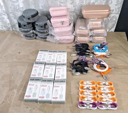 (34) Assorted USB A To Micro Cables & (20) Assorted Electronics Soft Carry / Storage Cases