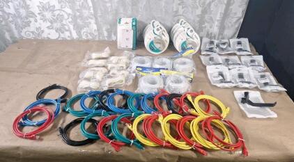 (23) Cat6 Ethernet Patch Cables, 24awg, Rj45 Gold Plate Connector, Etl, 4 Pair Stranded Copper, (27) Assorted Rolls Of Telephone Line Cables, (5) Wall Jack Phone Mounts & (10) Headphone Mounts