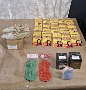 (1) Pair Of Women's Woven, Flats, Gold, Size-6, (3) Scented Candles, (2) Sleep Masks & (30) 3-Packs Of Hairnets