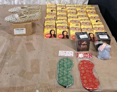 (1) Pair Of Women's Woven, Flats, Gold, Size-7.5, (3) Scented Candles, (2) Sleep Masks & (30) 3-Packs Of Hairnets