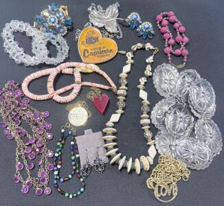 Vintage Costume Jewelry Lot: 12 Pieces Including Necklaces, Brooches, Earrings, and Belt