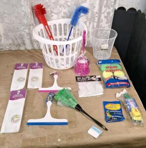 (1) Laundry Basket, (1) Wire Wastebasket & Assorted Cleaning Supplies