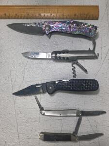 Damascus-Style Folding (1)Damascus style Knife, Abalone Handle, (1) Stainless China Multi-Tool Pocket Knife, 4-tool, (1) Falcon Fury Folding Knife and more