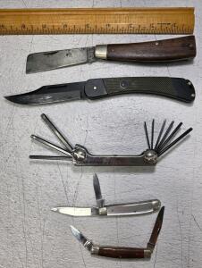 (1) Schrade Walden 163 Rope Cutter Knife, Cocobolo Handle, High Carbon Steel Blade (1) Puma Folding knife, Germany (1) Snap-on Allen Wrench Set, (1) Mother of Pearl Handle, 2 Blade folding Knife, (1) Wood Handle 2 Blade Folding