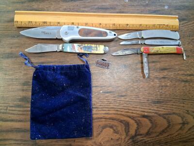 Boker Top Lock II Knife, Texaco, and Farmers Supply Co-Op Pocket Knives with Velvet Pouch