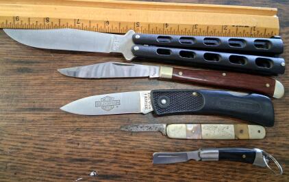 Pacific Cutlery Butterfly Knife, Schrade Harley-Davidson 503, Vintage Pocket Knives Set