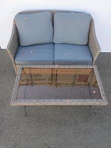 Outdoor Patio Loveseat and Coffee Table Set &ndash; Taupe Rattan with Grey Cushions
