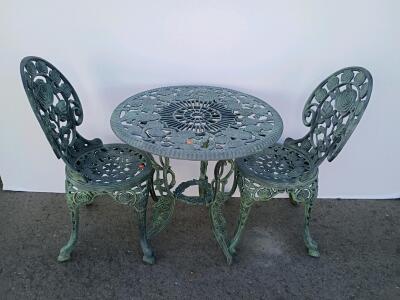 Outdoor Cast Aluminum 3-Piece Bistro Set, Table & 2 Floral Rose Chairs, Verde Green