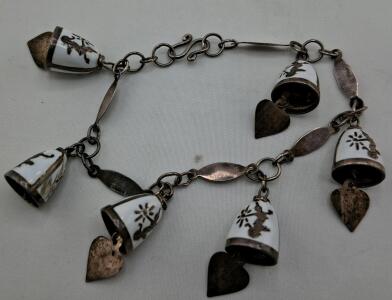 Vintage Charm Bracelet, Silver-Tone, Porcelain Bell & Heart Dangles, Hand-Painted, Hook Clasp