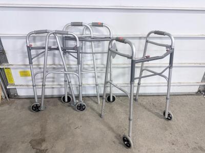(3)Folding Aluminum Walkers with 2 Front Wheels, Adjustable Height, 300 lb Capacity, Set of 3