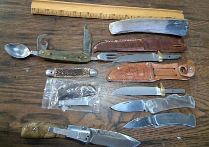 Vintage Knife Lot: CRKT M4-02S, Elk Brand, Camp Multi-tool, Folding & Fixed, Sheaths Included
