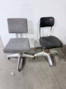Vintage Industrial Rolling Office Chairs &ndash; Aluminum Base, Fabric & Vinyl, Set of 2, Mid-Century