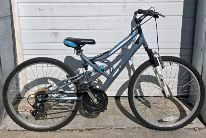 Huffy Trail Runner 18-Speed 26" Mountain Bike, Full Suspension, Gray/Blue, Shimano, V-Brakes