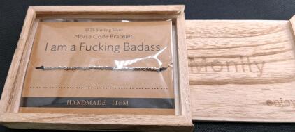 Monily S925 Sterling Silver Morse Code Bracelet - "I am a F*cking Badass" in Wooden Gift Box