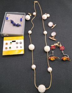 Assorted Vintage Costume Jewelry: Faux Pearl Necklace, Cufflinks, Earrings, Bracelet, Studs