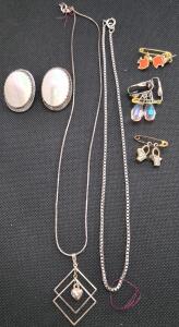 Vintage Jewelry Lot: 2 Necklaces, Clip-On Pearl Earrings, Gold-Tone Charms & Pins, Mixed Styles