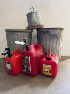 Galvanized Trash Cans & Feeder + 3 x 2-Gallon Gasoline Cans: Scepter, Garage Boss, Midwest Can