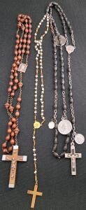 Lot of 3 Vintage Catholic Five-Decade Rosaries &ndash; Wood, Glass, Multiple Crucifixes & Medals