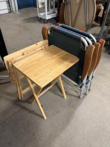 Set of 2 Wood Folding Tray Tables with Stand & 3 Aluminum Green Folding Lawn Chairs
