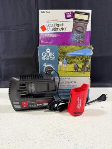 Radio Shack 36-Range LCD Multimeter, Milwaukee M12 Power Source, Craftsman Charger, Quik Shade Weights