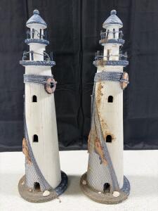 Pair of 14.5" Wooden Nautical Lighthouse Figurines with Rope and Net Details