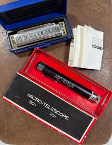 Hohner Blues Harp Harmonica Germany & Edmund Scientific Micro-Telescope 50x/10x Japan with Cases