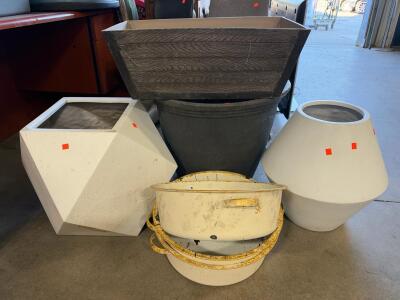 7-Assorted Large Garden Planters, Geometric & Vintage Styles, Concrete, Metal, Various Shapes & Sizes