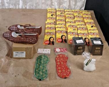(1) Pair Of Women's Woven, Flats, Brown, Size-7.5, (3) Scented Candles, (2) Sleep Masks & (30) 3-Packs Of Hairnets