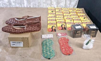 (1) Pair Of Women's Woven, Flats, Brown, Size-8, (3) Scented Candles, (2) Sleep Masks & (30) 3-Packs Of Hairnets