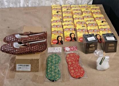 (1) Pair Of Women's Woven, Flats, Brown, Size-8.5, (3) Scented Candles, (2) Sleep Masks & (30) 3-Packs Of Hairnets