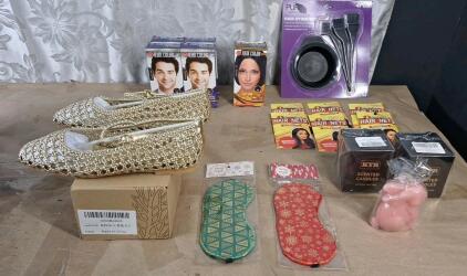 (1) Pair Of Women's Woven, Flats, Gold, Size-8.5, (3) Scented Candles, (2) Sleep Masks & (6) 3-Packs Of Hairnets, (1) 4-Piece Hair Dying Set & (5) Hair Dye Kits, (1) Blue Black & (4) Dark Brown