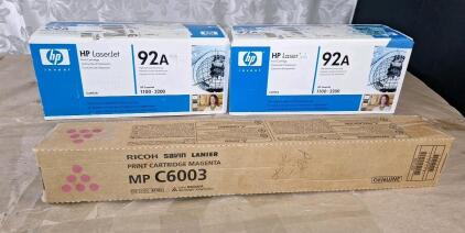 (1) Genuine Ricoh MP C6003 Magenta High Yield Toner Cartridge 841851 & (2) Genuine HP LaserJet 1100 - 3200 / C4092A / 92A Black Print Cartridges <br/>