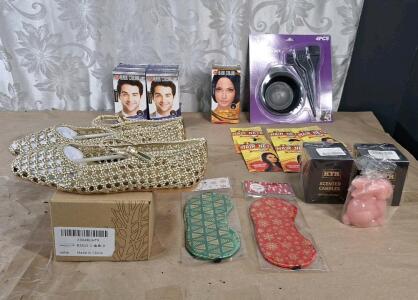 (1) Pair Of Women's Woven, Flats, Gold, Size-9, (3) Scented Candles, (2) Sleep Masks & (6) 3-Packs Of Hairnets, (1) 4-Piece Hair Dying Set & (5) Hair Dye Kits, (1) Blue Black & (4) Dark Brown