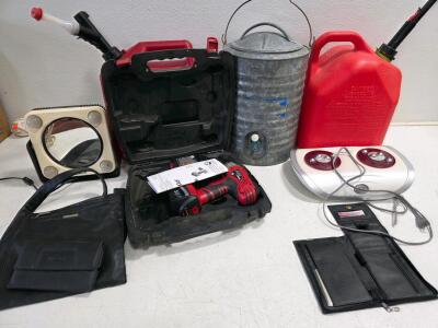 Untested Skil X-Drive 14.4V Cordless Drill/Driver Kit with Battery's, two gas cans, Water Jug, Homedics Items
