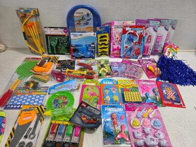 Wholesale Lot: 35+ Assorted Toys, Pool Float, Archery, Tool Kits, Dolls, Party Favors, New, Arcady/Poolmaster