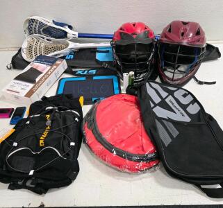 STX Lacrosse Sticks (2), Cascade Helmets (2), Hydration Pack, STX Bags, Popup Kennel