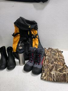 Outdoor Adventure Gear Set: Salomon Backpack, St. Columbia Boots, 27 Gal Commander Tote
