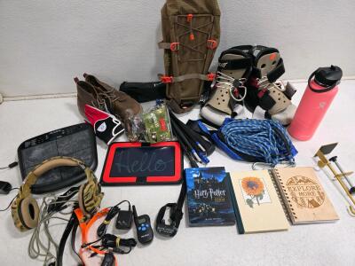 Large Mixed Lot: Backpack, PercPad Drum, Hydro Flask, Headphones, Outdoor Gear, Harry Potter Film Set