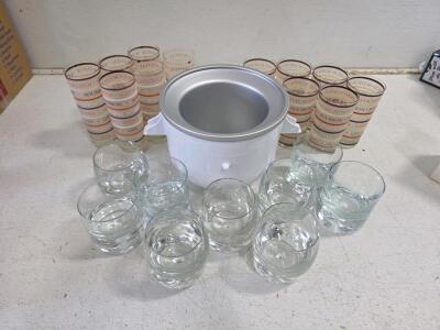 Vintage Barware Set: 12 Highball & 6 Whiskey Glasses + KitchenAid KICA0WH Ice Cream Bowl Attachment